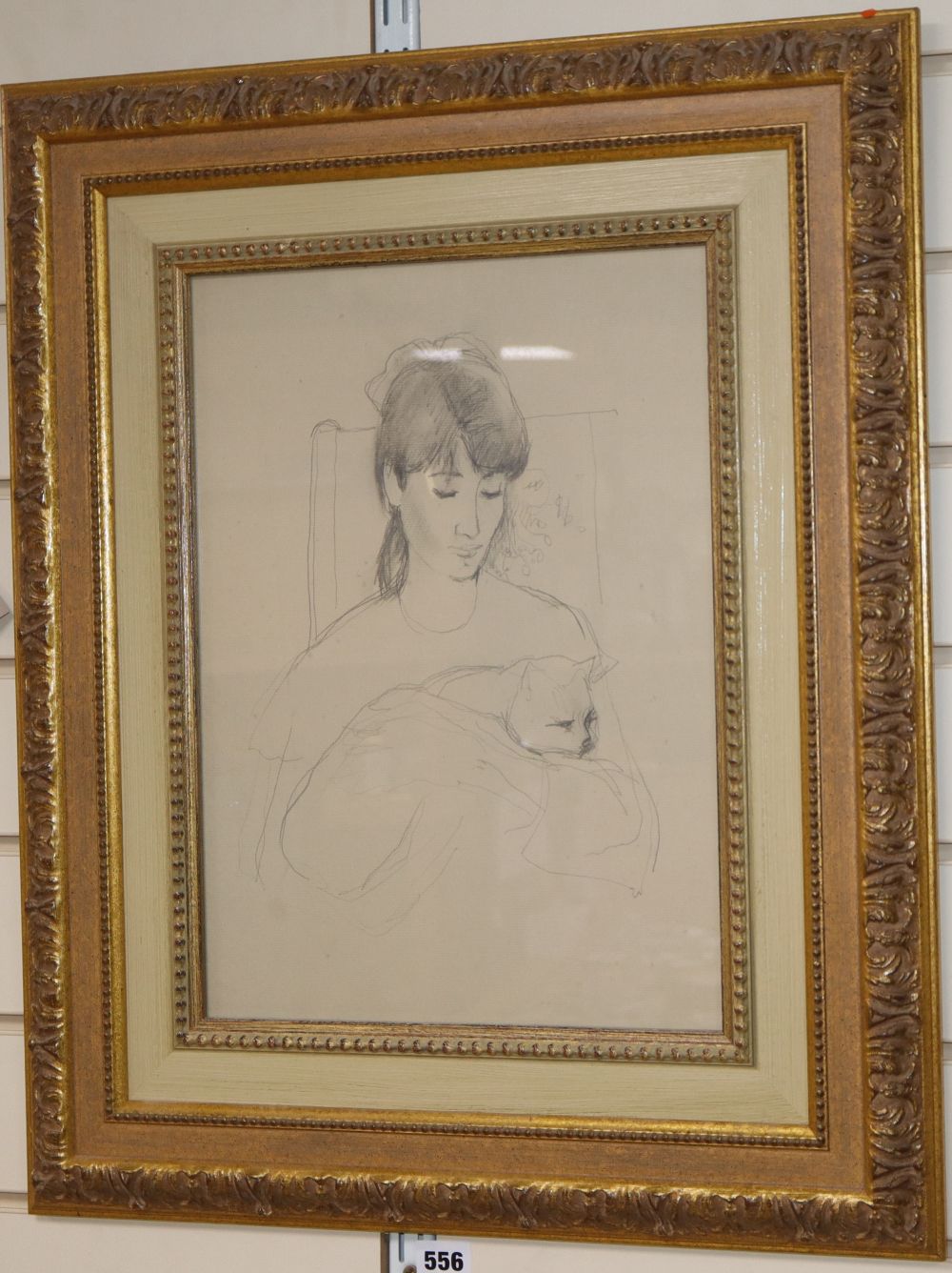 Tom Durkin (1928-1990), Toni with Chivers the Cat, pencil drawing, 40cm x 29.5cm